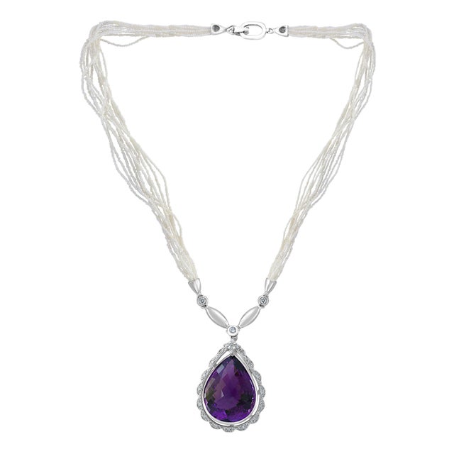 Contemporary 54 Carat Tear Drop Amethyst and Diamonds with Seed Pearl Necklace 18 Karat Gold For Sale - Image 3 of 18