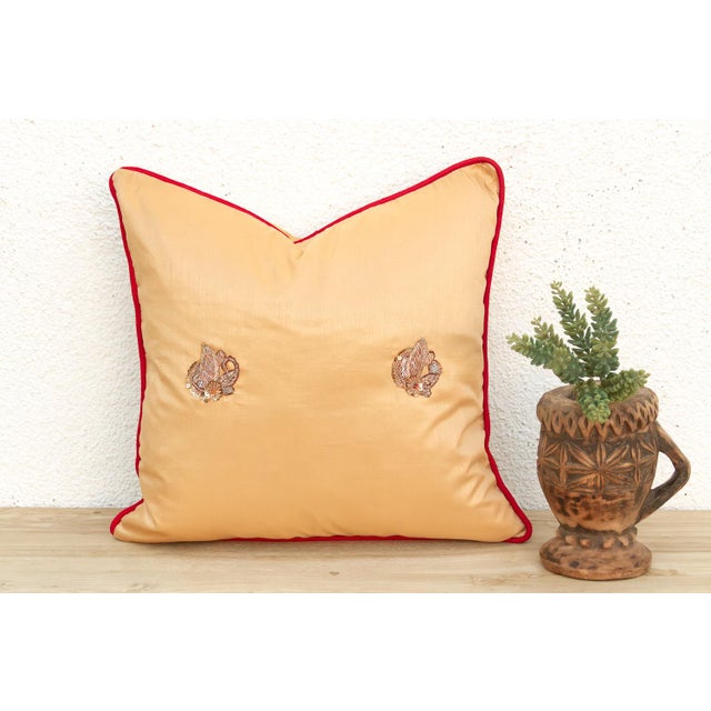 Shahi Saffron Gold Zardozi Silk Pillow, Peacock Motif For Sale In Los Angeles - Image 6 of 6