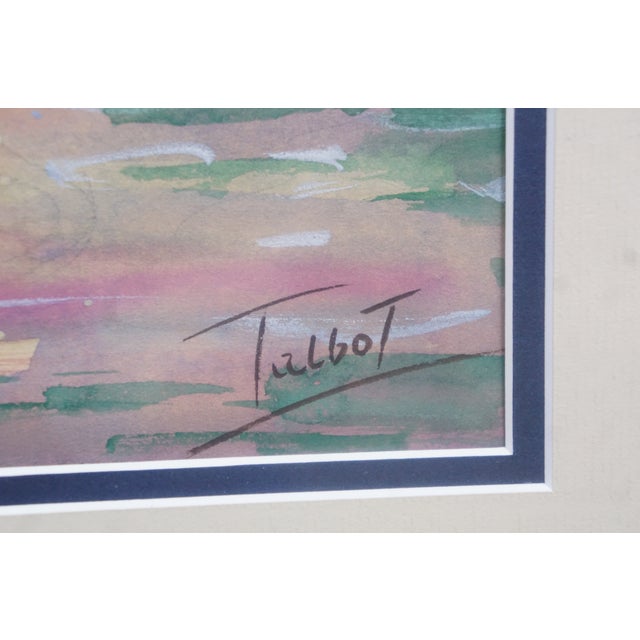 Green Late 20th Century Talbot Southeast Asian Fishing Village Watercolor on Silk Painting 27" For Sale - Image 8 of 11