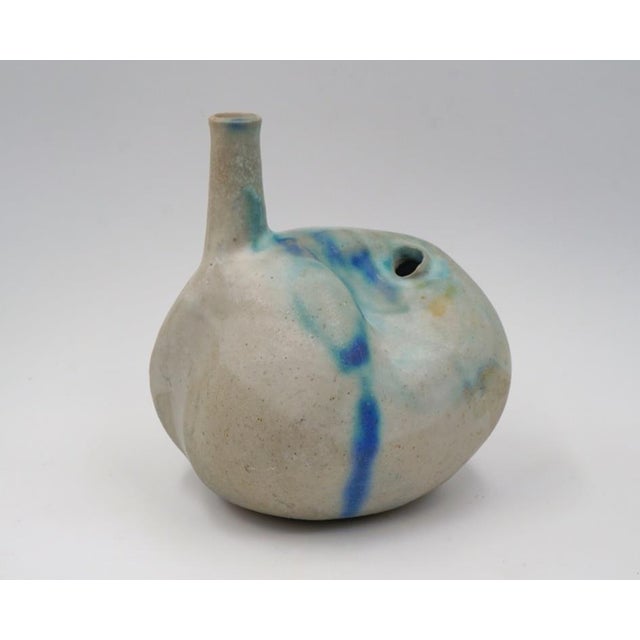 Vintage mid 20th century pottery sculpture vessel vase by Joel Edwards (1923-2007) California. Matte blue and gray glaze,...