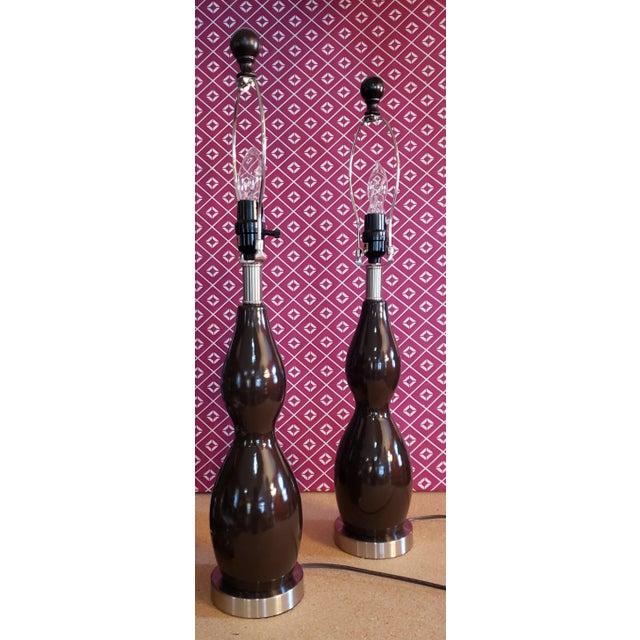 Metal Chocolate Brown Lamps With Round Finials - Set of 2 For Sale - Image 7 of 7