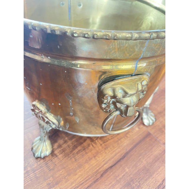 Vintage Oval Brass Cachepot W/ Lion Head Handles, Paw Feet and Etched Asian Motif For Sale - Image 18 of 18