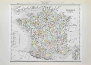 France in Departments Lithograph Map, 1872