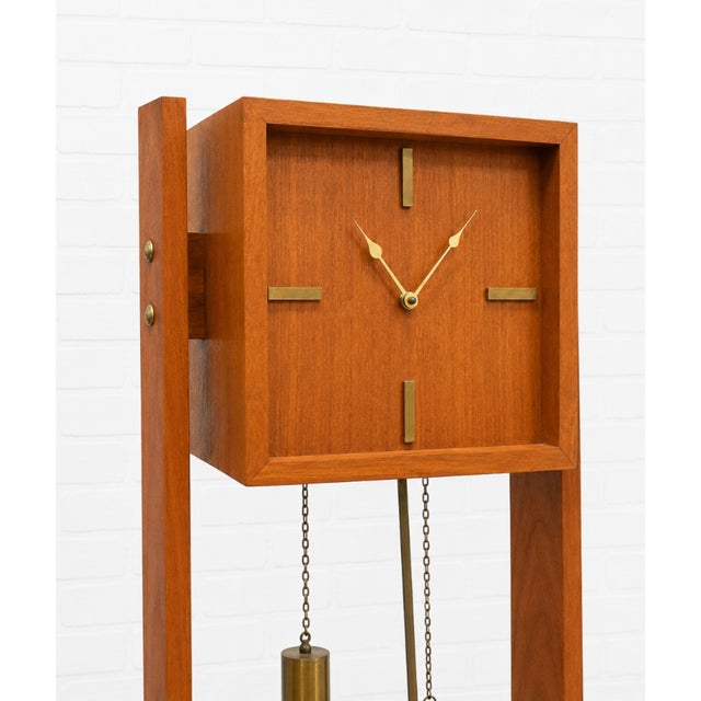 Mid Century Modern Teak + Brass Weight Drive Chiming Floor Clock, C. 1960’s, Denmark For Sale In New York - Image 6 of 12