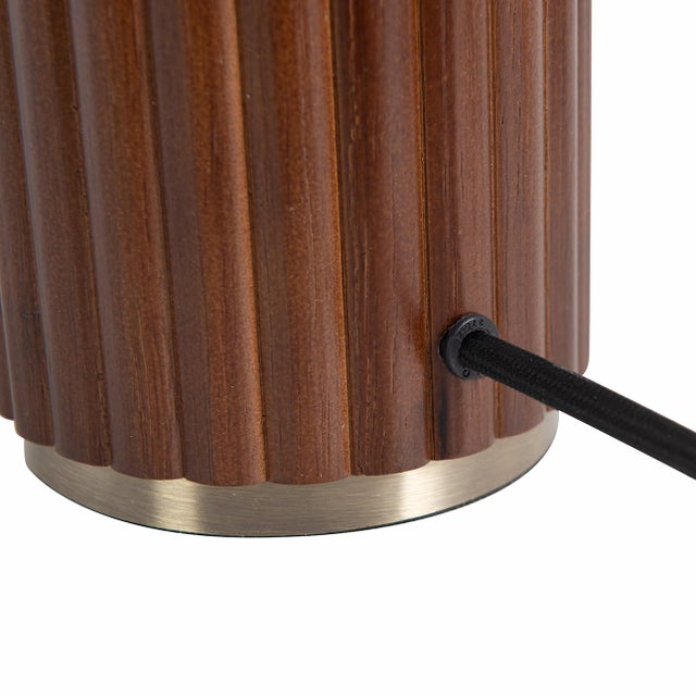 Wood Tambo Table Lamp - Dark Walnut Wood Finish, Weathered Brass, White Linen Shade For Sale - Image 7 of 12