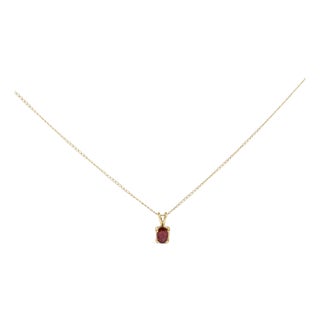 14K Yellow Gold 6x4MM Oval Shaped Red Garnet Solitaire Pendant Necklace For Sale