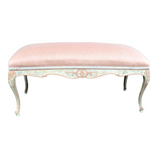 Louis XV Style Hand Carved Cream & Pink Painted Bench For Sale