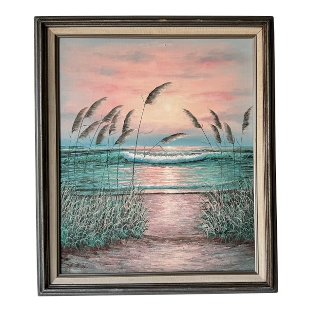 Vintage Impressionist Beach Seascape Sunset Oil Painting, Framed For Sale