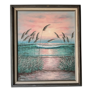 Vintage Impressionist Beach Seascape Sunset Oil Painting, Framed