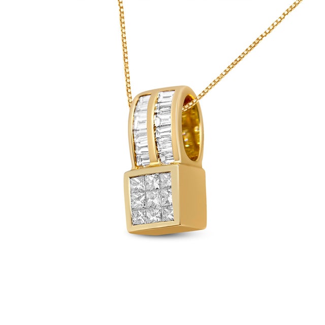 This polished 14k yellow gold pendant features a geometric design of 9 princess-cut diamonds topped by a vertical ribbon...