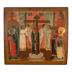 Antique Russian Orthodox Icon St. Helena & St. Constantine Marcarius & the True Cross 1820