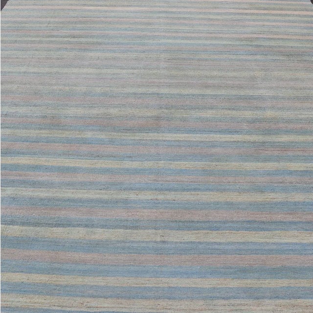 Flat-weave Kilim rug with stripes with modern design in shades of blue, taupe, gray and green, Keivan Woven Arts / rug...