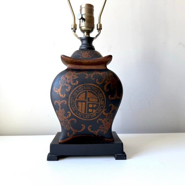 Wood Late 20th Century Black Pagoda Hand Painted Table Lamp For Sale - Image 7 of 9