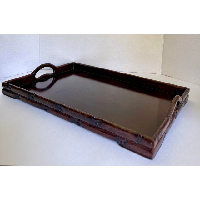 Wood 1930's Chinese Carved Rosewood Faux Bamboo Handled Tray For Sale - Image 7 of 12