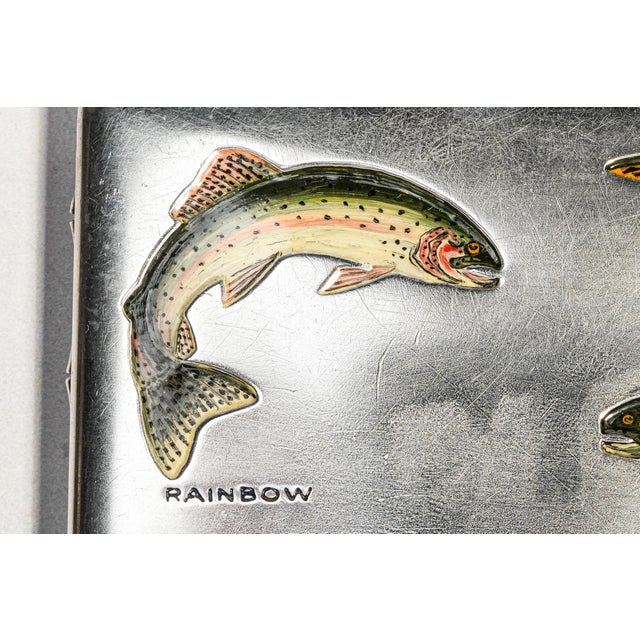 Amazing Antique Sterling Silver Hand Painted Enamel Fishing Fish Trout Cigarette Case Holder Sporting Art Deco Luxury Style For Sale - Image 4 of 18