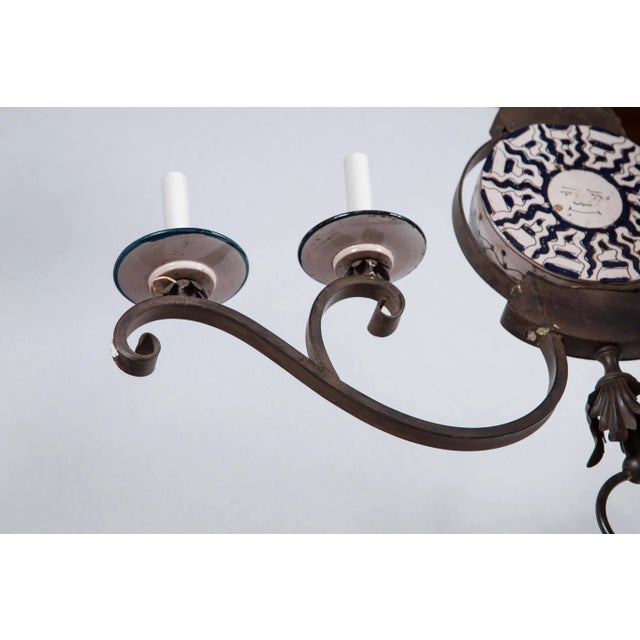 Metal 1970s Vintage Wrought Iron and Ceramic Chandelier For Sale - Image 7 of 8