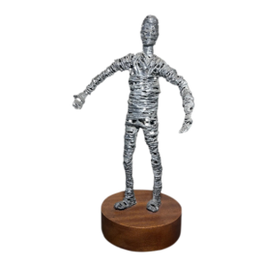 Late 20th Century Vintage Contemporary Style Silver Painted Wire Male Figure Sculpture on Wooden Plinth Base by Ina Kruger (20th Century) (Louisiana)