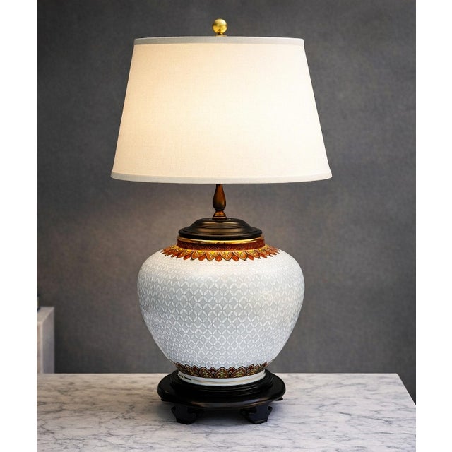 Wildwood Mid‑Century Ceramic Lamp • Textured Diamond Body • Hand‑Painted Collar • Carved Wood Base • 3‑Way Light Beautiful...