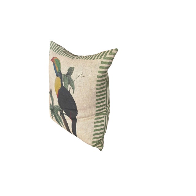 Textile Vintage Linen Toucan & Snail Cushion With Striped Border For Sale - Image 7 of 12
