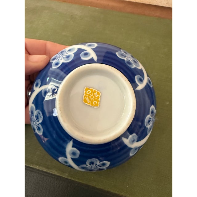 1970s Vintage Omc Japan Cherry Blossom Bowl Blue and White Mid Century Ceramic For Sale - Image 5 of 6