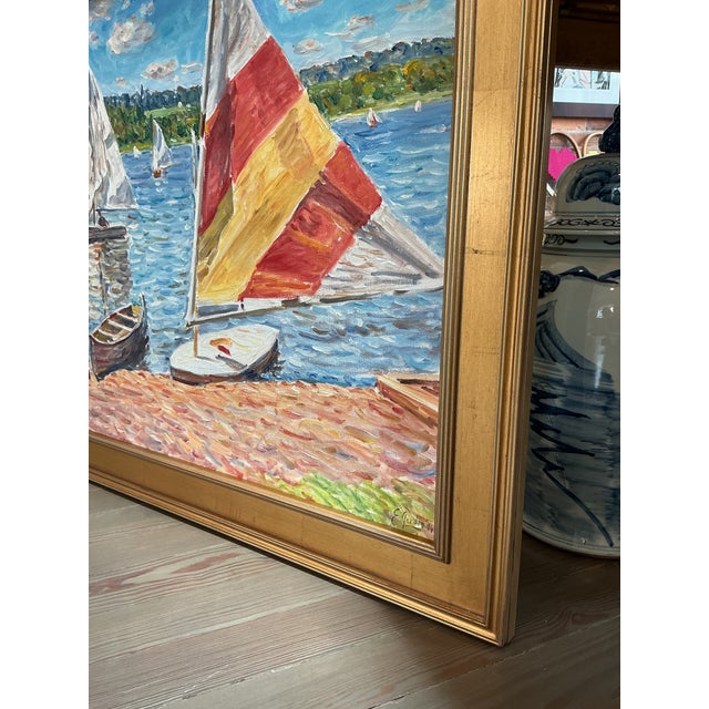 Late 20th Century Edmund Jordan Windy Day Sailboats Oil Painting Coastal Landscape in Gold Frame For Sale In Philadelphia - Image 6 of 6