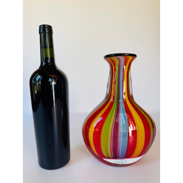 Late 20th Century Badash Hand Blown Art Glass Rainbow Stripe Vase Black Rim 9" Colorful For Sale - Image 10 of 10