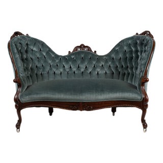 Antique 19th Century Button Tufted Velvet and Mahogany Settee - 57" X 26" X 35" For Sale