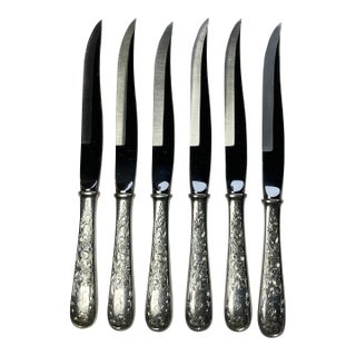 1960s Sterling and Stainless Repousse Steak Knives by S. Kirk and Son - Set of 6 For Sale