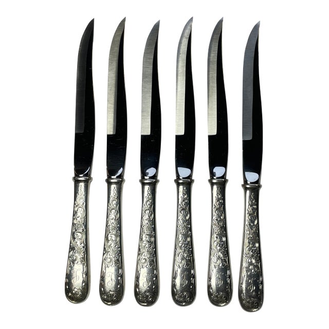 1960s Sterling and Stainless Repousse Steak Knives by S. Kirk and Son - Set of 6 - For Sale