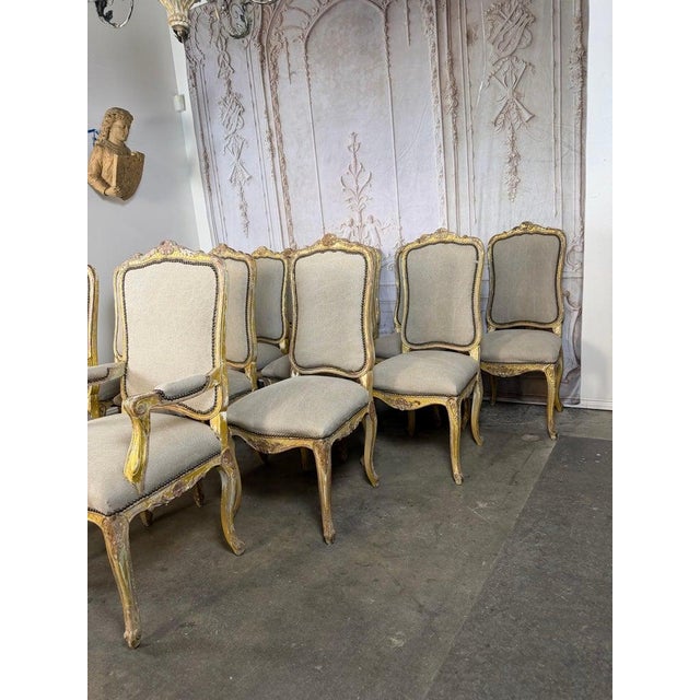 Set of 14 French Louis XV Style Distressed Dining Chairs With Linen For Sale - Image 4 of 17