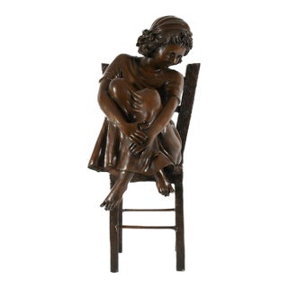 Bronze Sculpture “Girl on a Chair” After Corrado Betta, Figurative Art With Rich Patina For Sale