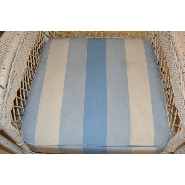 Vintage White Wicker Wing Back Arm Chair W/ Blue Cushions & Coil Sprung Seat For Sale - Image 12 of 18