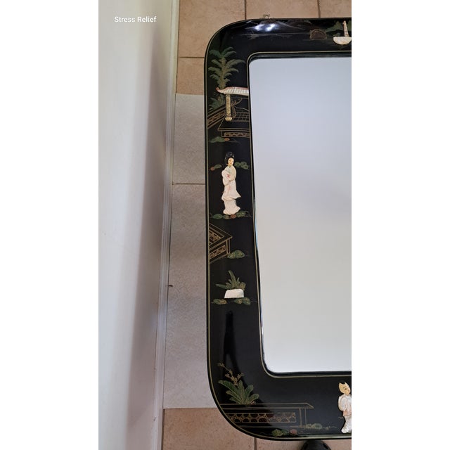 Shell Vintage Chinese Black Lacquer Chinoiserie Wall Mirror With Mother-of-Pearl Inlay, 40" X 30" For Sale - Image 7 of 15