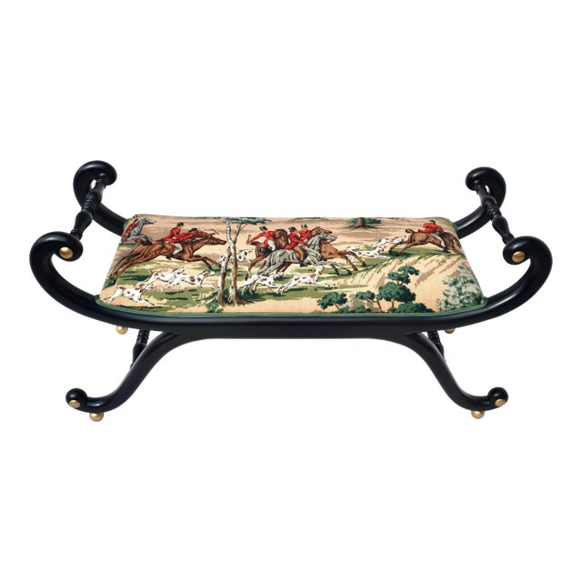 Late 20th Century English Regency Curule Form Bench Fox Hunting Theme For Sale