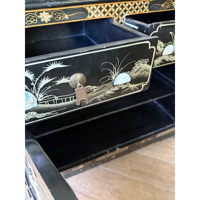 Vintage Chinese Lacquer Cabinet Sideboard W/ Raised Hardstone Mother of Pearl Figural Inlay For Sale - Image 4 of 8