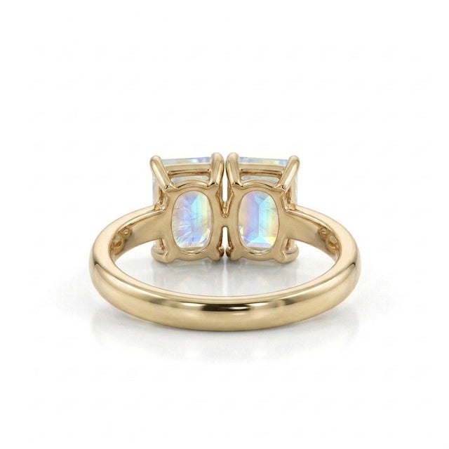 Rainbow Moonstone Toi Et Moi Style Ring - Dual Gemstone Stacking Ring Us 7 For Sale - Image 4 of 5