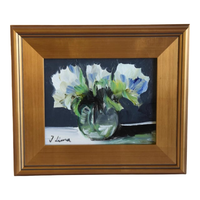Blue & White Bouquet of Flowers Oil Painting Including the Antiqued Gold Wood Frame For Sale