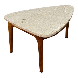 1960s Triangular Travertine and Walnut Side Table For Sale