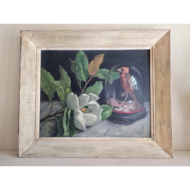 Virginia Woolley (1884–1971) – Original Oil Painting “Cardinal Under Glass with Magnolia” – Signed An exceptional original...