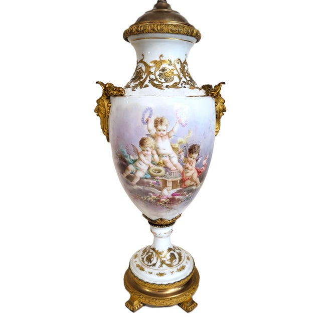 Antique White & Gilt Bronze Sevres Porcelain Urn Vase Lamp Angels For Sale - Image 4 of 18