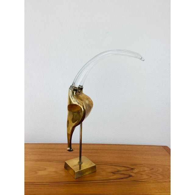 Vintage 1980s Brass & Glass Horn Rams Head Statue glass horns stylized rams head on post square base made of brass...