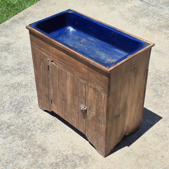 19th Century American Primitive Pine Dry Sink Cupboard Cabinet Vanity W/ Cobalt Blue Enameled Cast Iron Sink & Drain For Sale - Image 12 of 12