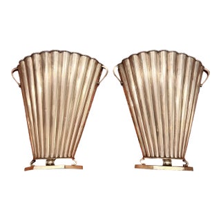 Vintage Art Deco Style Large Silver Metal Scalloped Wall Pockets (Or Standing Vases) || (A Pair) For Sale