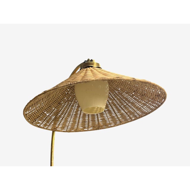 1950s V. Soini Oy, Rare Floor Lamp, Brass, Leather, Rattan For Sale - Image 4 of 11