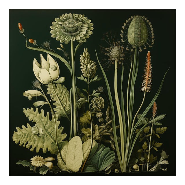 20' X 20' Original Watercolor Botanical Fine Art Print - Dark Green, Unframed For Sale