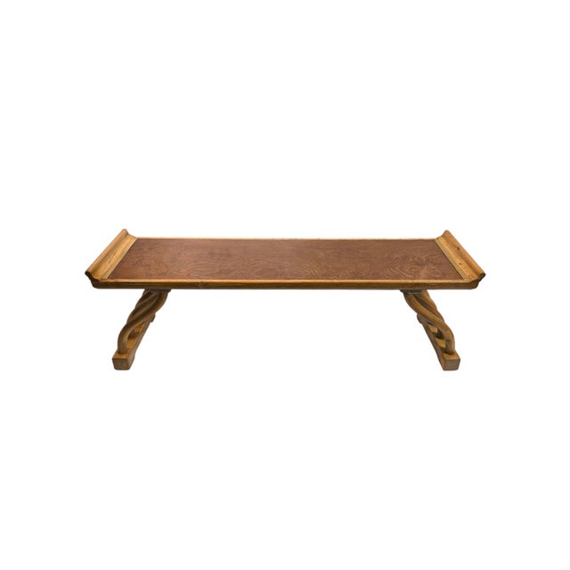 An elegant and distinctive 1960s two tone bench with a long, gently framed rectangular top in richly figured wood-grain...
