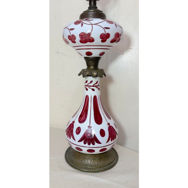 Bronze Antique 1800's Cut to Clear Cranberry Glass Stourbridge Bronze Oil Table Lamp For Sale - Image 8 of 14