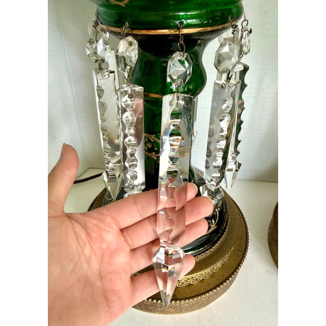 Emerald Antique Emerald Green Glass Luster Table Lamps With Crystal Prisms - a Pair For Sale - Image 8 of 12