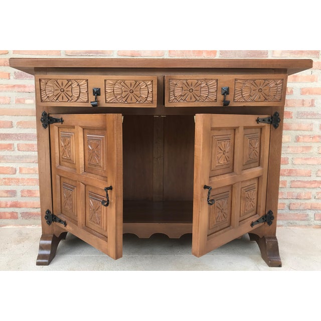 Wood 20th Century Catalan Baroque Carved Walnut Tuscan Two Drawers Credenza or Buffet For Sale - Image 7 of 9