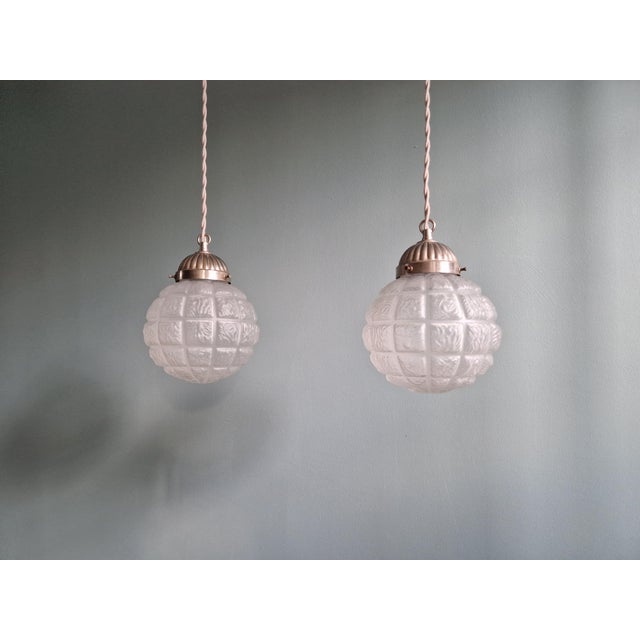 Bauhaus Art Deco Pendant Lights in Pressed Molded Frosted Glass, 1930s, Set of 2 For Sale - Image 3 of 16